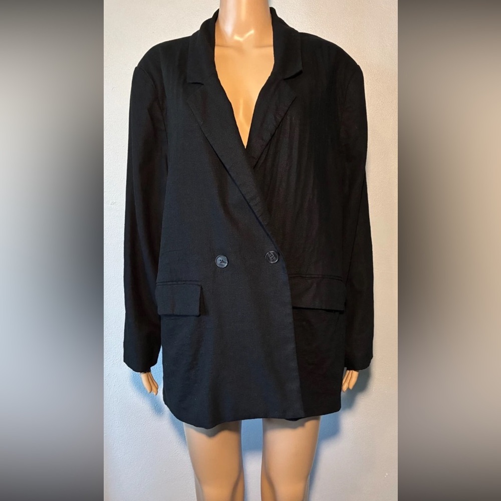 Old Navy Women's Blazer Size XL Black Double Breasted Long Sleeve Linen Blend
